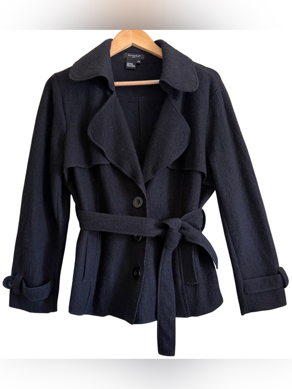 SANDRO 100% Wool Preppy Trendy City-Chic Belted Jacket Size M/P Designer